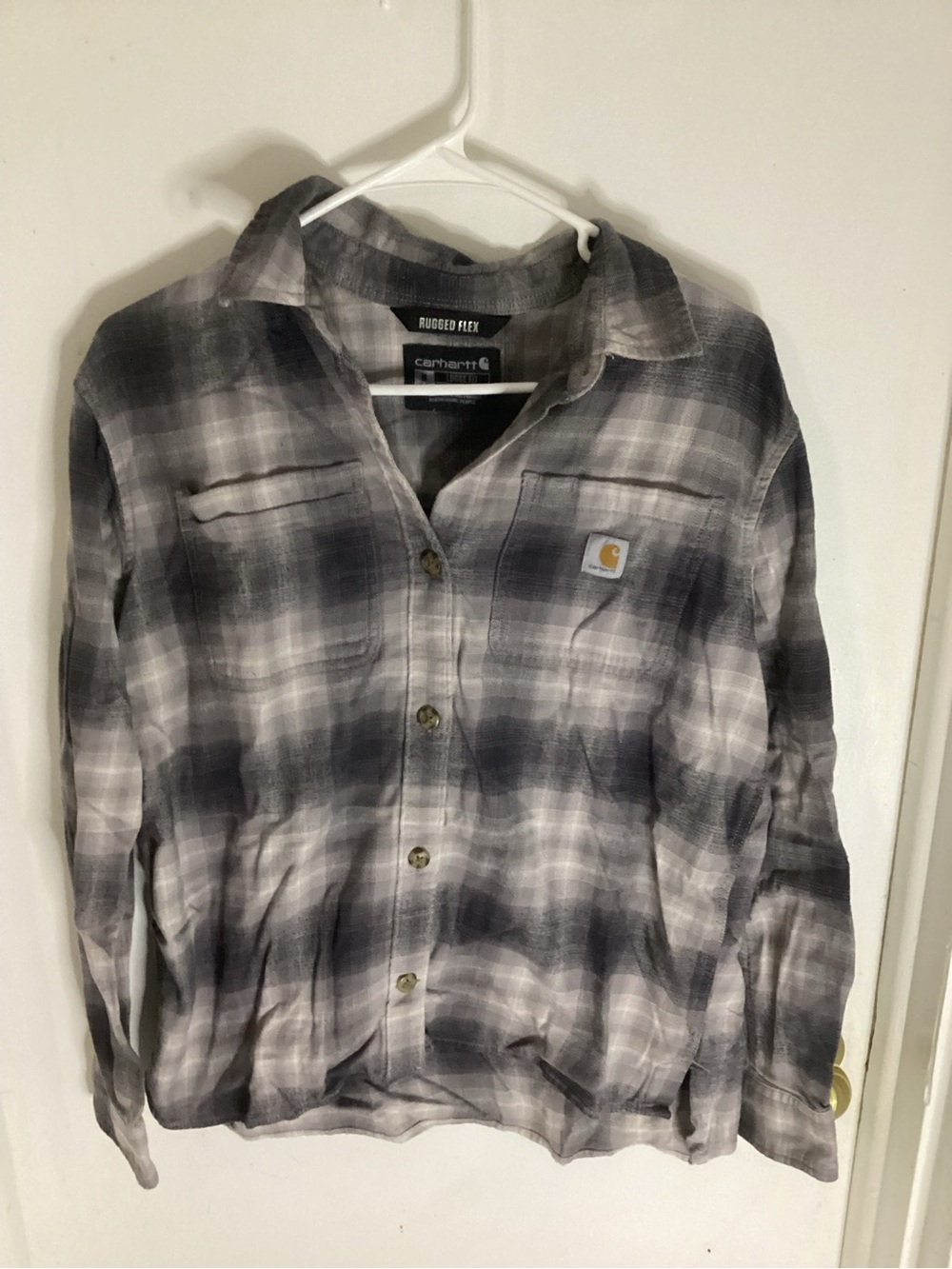 Carhartt Womens Rugged Flex Gray Plaid Button-Up Shirt Size Medium